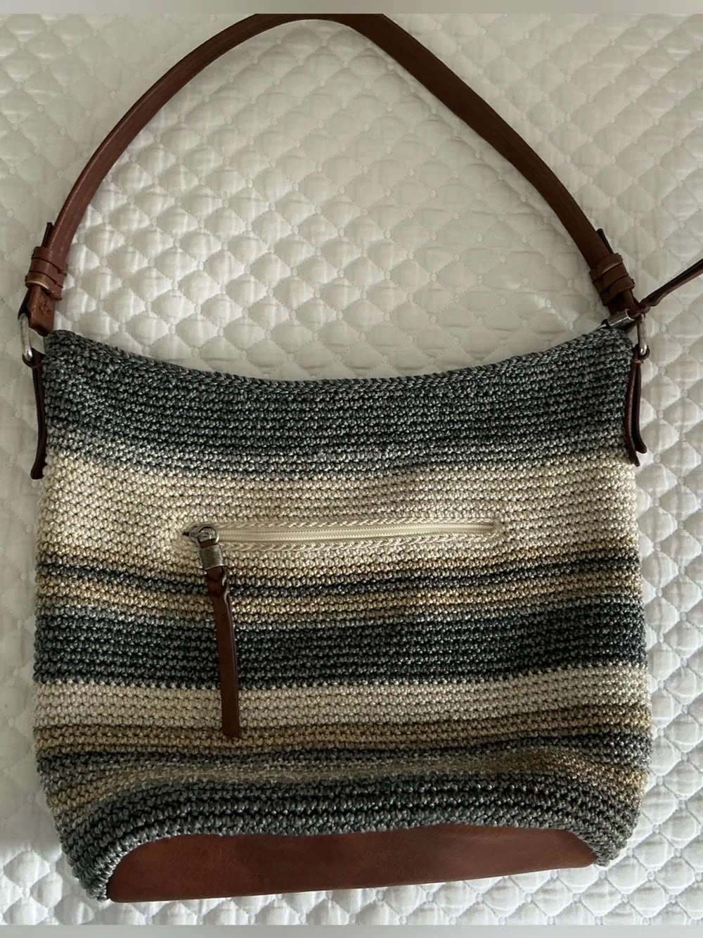 The Sak Sequoia Striped Crochet Hobo Bag in Brown and Cream